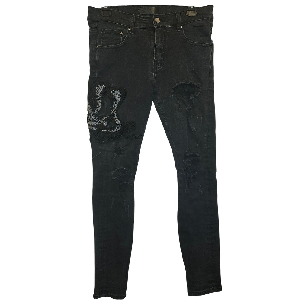 Amiri Mens Distressed Cobra Snake Patch Skinny Jeans Black Size 30